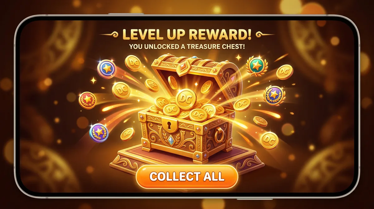 Golden treasure chest opening with glowing coins and rewards, Deals Chest daily gamification feature for DealCart